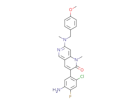 Molecular Structure of 1012878-84-0 (7-((4-methoxybenzyl)(methyl)amino)-3-(5-amino-2-chloro-4-fluorophenyl)-1-methyl-1,6-naphthyridin-2(1H)-one)