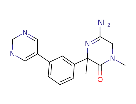 Molecular Structure of 1352126-31-8 (rac-5-amino-1,3-dimethyl-3-(3-pyrimidin-5-yl-phenyl)-3,6-dihydro-1H-pyrazin-2-one)