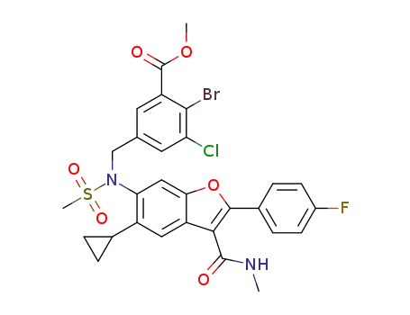Molecular Structure of 1378431-66-3 (methyl 2-bromo-3-chloro-5-((N-(5-cyclopropyl-2-(4-fluorophenyl)-3-(methylcarbamoyl)benzofuran-6-yl)methylsulfonamido)methyl)benzoate)