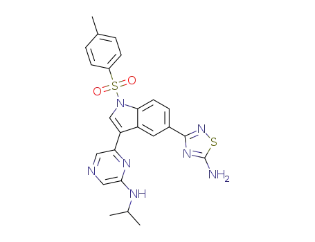 Molecular Structure of 1401349-84-5 (3-(3-(6-(isopropylamino)pyrazin-2-yl)-1-tosyl-1H-indol-5-yl)-1,2,4-thiadiazol-5-amine)