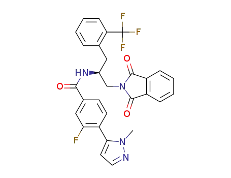 Molecular Structure of 1067613-16-4 (N-((1S)-2-(1,3-dioxo-1,3-dihydro-2H-isoindol-2-yl)-1-{[2-(trifluoromethyl)phenyl]methyl}ethyl)-3-fluoro-4-(1-methyl-1H-pyrazol-5-yl)benzamide)
