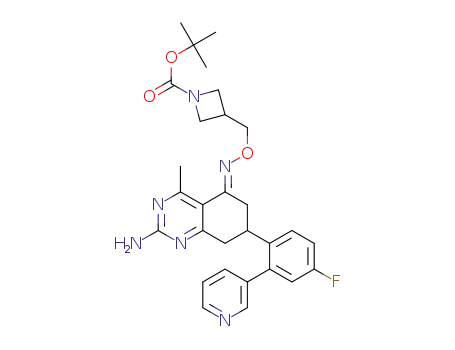 Molecular Structure of 1433606-41-7 ((E)-N-Boc-3-((((2-amino-7-(4-fluoro-2-(pyridin-3-yl)phenyl)-4-methyl-7,8-dihydro-6H-quinazolin-5-ylidene)amino)oxy)methyl)azetidine)
