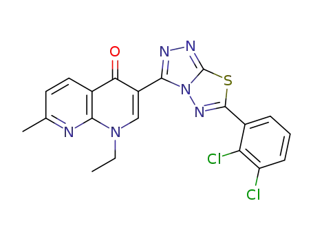Molecular Structure of 1334936-30-9 (3-{6-(2,3-dichlorophenyl)-1,2,4-triazolo[3,4-b][1,3,4]thiadiazol-3-yl}-1-ethyl-7-methyl-1,8-naphthyridin-4(1H)-one)