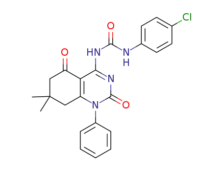 Molecular Structure of 1395080-94-0 (4-(N'-4-chlorophenylureido)-7,7-dimethyl-1-phenyl-7,8-di-hydroquinazoline-2,5(1H,6H)-dione)