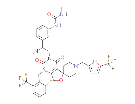 1-(3-(1-amino-2-(1-(2-fluoro-6-(trifluoromethyl)benzyl)-2,4-dioxo-1'-((5-(trifluoromethyl)furan-2-yl)methyl)-1H-spiro[furo[3,4-d]pyrimidine-5,4'-piperidin]-3(2H,4H,7H)-yl)ethyl)phenyl)-3-methylurea