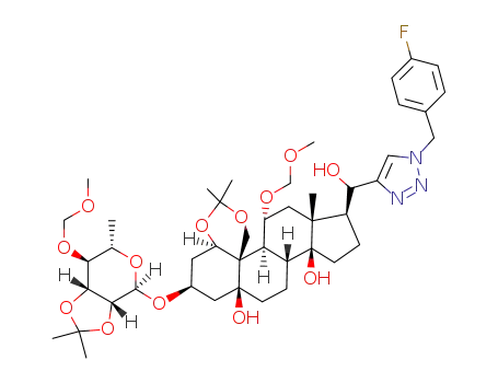 Molecular Structure of 1526915-16-1 ((3S,3aR,5R,5aS,5bR,9aR,11S,12aS,14aR,14bS)-3-((1-(4-fluorobenzyl)-1H-1,2,3-triazol-4-yl)(hydroxy)methyl)-5-(methoxymethoxy)-11-(((3aR,4R,6S,7S,7aR)-7-(methoxymethoxy)-2,2,6-trimethyltetrahydro-4H-[1,3]dioxolo[4,5-c]pyran-4-yl)oxy)-3a,8,8-trimethyltetradecahydro-6H-cyclopenta[7,8]phenanthro[4,4a-d][1,3]dioxine-12a,14b-diol)
