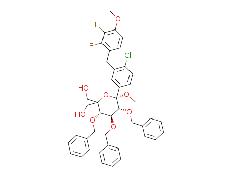 Molecular Structure of 1358579-99-3 ([(3S,4S,5R,6S)-3,4,5-tribenzyloxy-6-[4-chloro-3-[(2,3-difluoro-4-methoxy-phenyl)methyl]phenyl]-2-(hydroxymethyl)-6-methoxy-tetrahydropyran-2-yl]methanol)