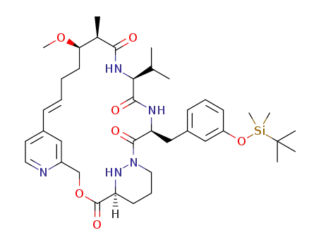 Molecular Structure of 1381814-01-2 ((E)-(1S,14R,15R,18S,21S)-21-[3-(tert-butyl-dimethyl-silanyloxy)-benzyl]-18-isopropyl-14-methoxy-15-methyl-3-oxa-6,17,20,23,27-pentaaza-tricyclo[21.3.1.1*5,9*]octacosa-5<sup>(28)</sup>,6,8,10-tetraene-2,16,19,22-tetraone)