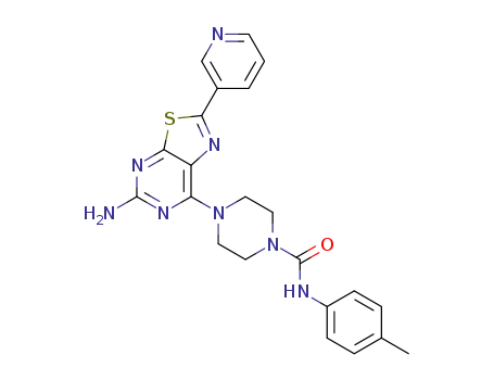 Molecular Structure of 1245319-54-3 (4-(5-Amino-2-pyridin-3-yl-thiazolo[5,4-d]pyrimidin-7-yl)-piperazine-1-carboxylic acid p-tolylamide)