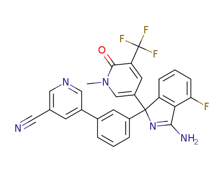 Molecular Structure of 1383846-90-9 (5-(3-(3-Amino-4-fluoro-1-(1-methyl-6-oxo-5-(trifluoromethyl)-1,6-dihydropyridin-3-yl)-1H-isoindol-1-yl)phenyl)nicotinonitrile)