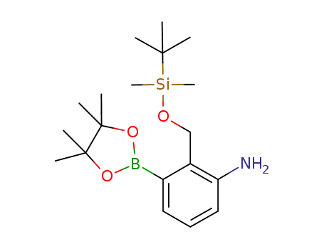 Molecular Structure of 1147531-06-3 (2-((tert-Butyldimethylsilyloxy)methyl)-3-(4,4,5,5-tetramethyl-1,3,2-dioxaborolan-2-yl)aniline)