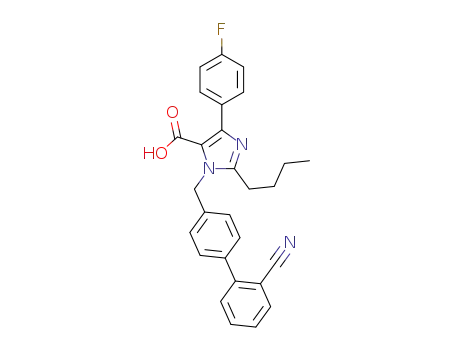 Molecular Structure of 1313233-74-7 (2-butyl-1-{(2'-cyanobiphenyl-4-yl)methyl}-4-(4-fluorophenyl)-1H-imidazole-5-carboxylic acid)