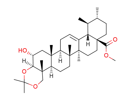 Molecular Structure of 19533-98-3 (2α-Hydroxy-3β,23-[(1-methylethylidene)bis(oxy)]urs-12-en-28-oic acid methyl ester)
