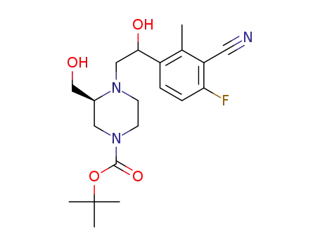Molecular Structure of 1426071-25-1 (tert-butyl (3S)-4-[2-(3-cyano-4-fluoro-2-methylphenyl)-2-hydroxyethyl]-3-(hydroxymethyl)piperazine-1-carboxylate)
