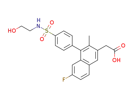 Molecular Structure of 1451094-53-3 ({6-fluoro-4-[4-(2-hydroxy-ethylsulfamoyl)-phenyl]-3-methyl-naphthalen-2-yl}-acetic acid)