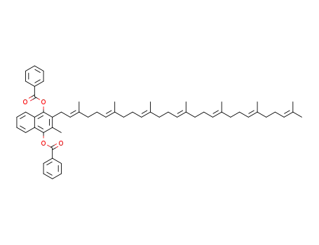 Molecular Structure of 1453189-00-8 (2-((2E,6E,10E,14E,18E,22E)-3,7,11,15,19,23,27-heptamethyl-octacosa-2,6,10,14,18,22,26-heptaen-1-yl)-3-methylnaphthalene-1,4-diyl dibenzoate)