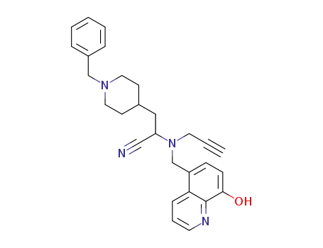 Molecular Structure of 1609078-40-1 (3-(1-benzylpiperidin-4-yl)-2-(((8-hydroxyquinolin-5-yl)methyl)(prop-2-ynyl)amino)propanenitrile)