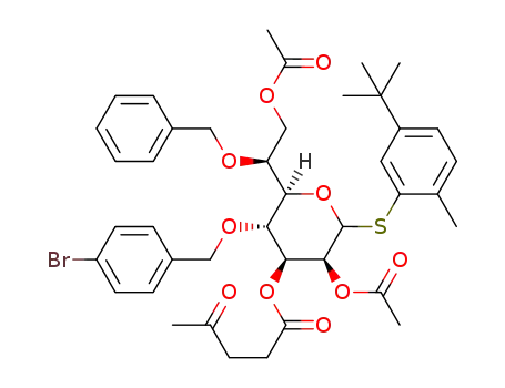 Molecular Structure of 1403362-08-2 (5-tert-butyl-2-methylphenyl 2,7-di-O-acetyl-3-O-levulinoyl-4-O-parabromobenzyl-6-O-benzyl-1-thio-L-glycero-D-manno-heptopyranoside)