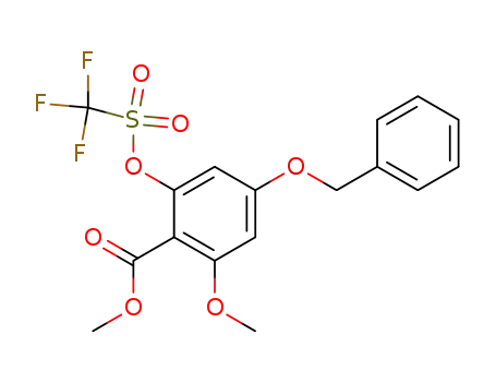 Molecular Structure of 185038-86-2 (Benzoic acid,
2-methoxy-4-(phenylmethoxy)-6-[[(trifluoromethyl)sulfonyl]oxy]-, methyl
ester)