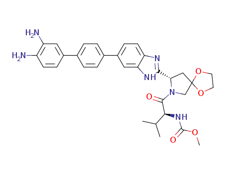 Molecular Structure of 1296797-04-0 (methyl [(1S)-1-({(8S)-8-[5-(3',4'-diamino-4-biphenylyl)-1H-benzimidazol-2-yl]-1,4-dioxa-7-azaspiro[4.4]non-7-yl}carbonyl)-2-methylpropyl]carbamate)