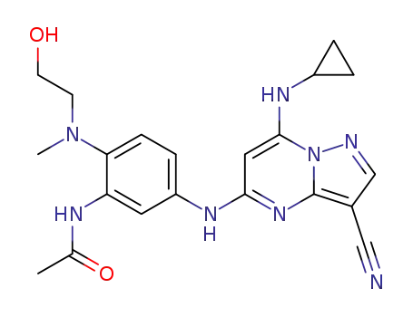 Molecular Structure of 1461658-68-3 (N-(5-(3-cyano-7-(cyclopropylamino)pyrazolo[1,5-a]pyrimidin-5-ylamino)-2-((2-hydroxyethyl)(methyl)amino)phenyl) acetamide)