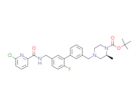 Molecular Structure of 1179343-96-4 (6-chloro-N-({3'-[((3S)-4-{[(1,1-dimethylethyl)-oxy]carbonyl}-3-methyl-1-piperazinyl)methyl]-6-fluoro-3-biphenylyl}methyl)-2-pyridinecarboxamide)