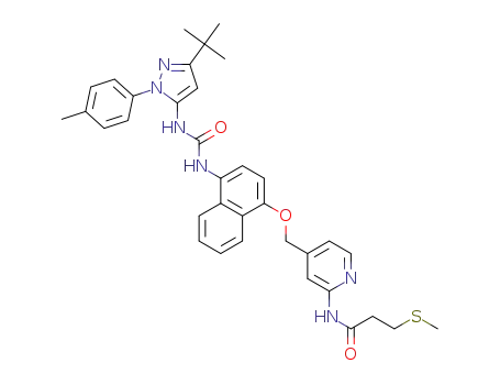 Molecular Structure of 1229649-53-9 (N-(4-((4-(3-(3-tert-butyl-1-p-tolyl-1H-pyrazol-5-yl)ureido)naphthalen-1-yloxy)methyl)pyridin-2-yl)-3-(methylthio)propanamide)