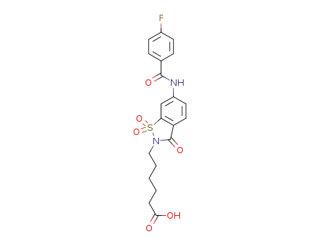 Molecular Structure of 1569314-69-7 (6-(6-(4-fluorobenzamido)-1,1-dioxido-3-oxobenzo[d]isothiazol-2(3H)-yl)hexanoic acid)
