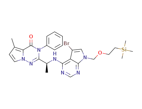 Molecular Structure of 1605328-90-2 ((S)-2-(1-((5-bromo-7-((2-(trimethylsilyl)ethoxy)methyl)-7H-pyrrolo[2,3-d]pyrimidin-4-yl)amino)ethyl)-5-methyl-3-phenylpyrrolo[2,1-f][1,2,4]triazin-4(3H)-one)