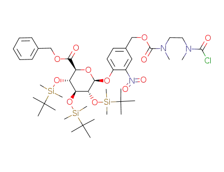 Molecular Structure of 637330-41-7 (N,N'-dimethyl-N-benzyl-[4-(2,3,4-tri-O-tert-butyldimethylsilyl-β-D-glucopyranosyl)uronate-3-nitrobenzoyloxycarbonyl]ethylenediamine carbamoyl chloride)