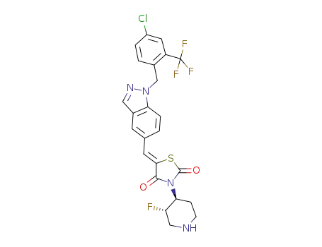 Molecular Structure of 1351571-41-9 ((5Z)-5-({1-[4-chloro-2-(trifluoromethyl) benzyl]-1H-indazol-5-yl}methylidene)-3-(3S,4S)-(3-fluoropiperidin-4-yl)-1,3-thiazolidine-2,4-dione)