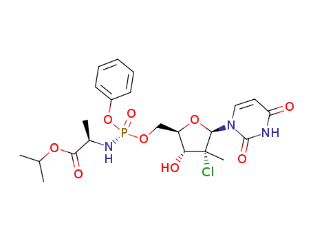 Molecular Structure of 1496551-77-9 (((S)-(((2R,3R,4R,5R)-5-(2,4-dioxo-3,4-dihydropyrimidin-1(2H)-yl)-4-chloro-3-hydroxy-4-methyltetrahydrofuran-2-yl)methoxy)(phenoxy)phosphoryl)-D-alanine isopropyl ester)