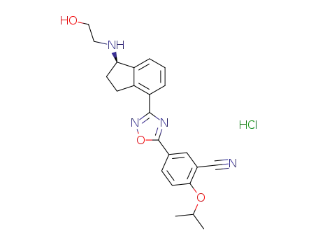 Molecular Structure of 1306760-85-9 (Benzonitrile, 5-[3-[(1S)-2,3-dihydro-1-[(2-hydroxyethyl)aMino]-1H-inden-4-yl]-1,2,4-oxadiazol-5-yl]-2-(1-Methylethoxy)- (HCl salt))