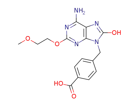 Molecular Structure of 1062444-54-5 (4-{[6-amino-2-(2-methoxyethoxy)-8-oxo-7H-purine-9(8H)-yl]methyl}benzoic acid)