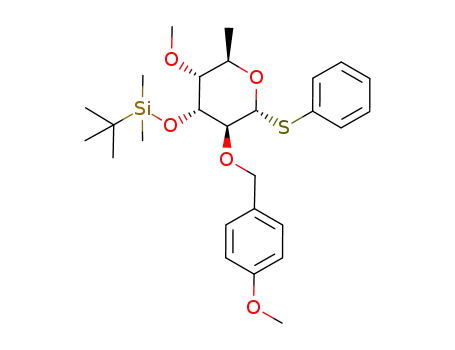 Molecular Structure of 896436-66-1 (tert-Butyl-[(2R,3R,4R,5S,6R)-3-methoxy-5-(4-methoxy-benzyloxy)-2-methyl-6-phenylsulfanyl-tetrahydro-pyran-4-yloxy]-dimethyl-silane)