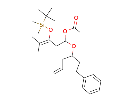 Molecular Structure of 820963-55-1 (3-Penten-1-ol,
3-[[(1,1-dimethylethyl)dimethylsilyl]oxy]-4-methyl-1-[[1-(2-phenylethyl)-3-
butenyl]oxy]-, acetate)