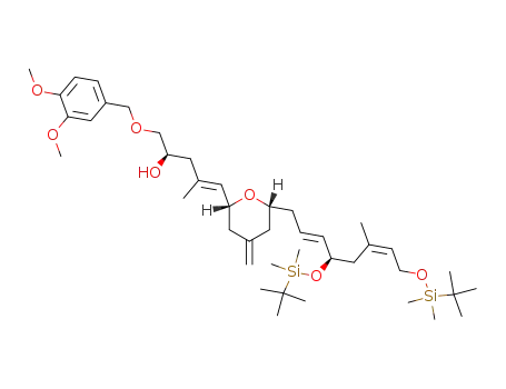 (E)-(R)-5-{(2R,6R)-6-[(2E,6Z)-(R)-4,8-Bis-(tert-butyl-dimethyl-silanyloxy)-6-methyl-octa-2,6-dienyl]-4-methylene-tetrahydro-pyran-2-yl}-1-(3,4-dimethoxy-benzyloxy)-4-methyl-pent-4-en-2-ol