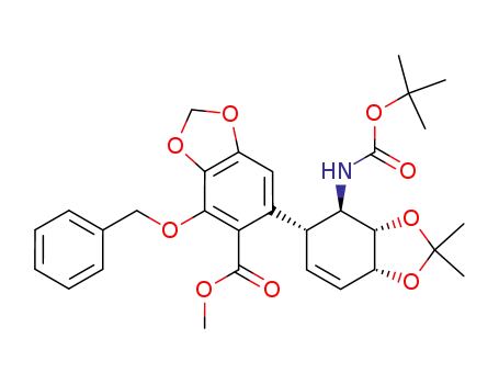 Molecular Structure of 163082-11-9 (methyl 6-<(1R,4R,5S,6R)-6-<(tert-butyloxycarbonyl)amino>-4,5-(isopropylidenedioxy)-2-cyclohexen-1-yl>-4-(phenylmethoxy)-1,3-benzodioxole-5-carboxylate)