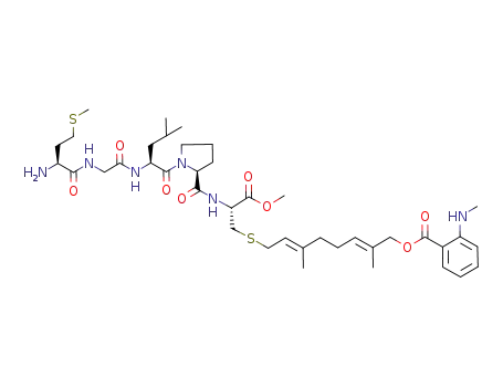 2-Methylamino-benzoic acid (2E,6E)-8-{(R)-2-[((S)-1-{(S)-2-[2-((S)-2-amino-4-methylsulfanyl-butyrylamino)-acetylamino]-4-methyl-pentanoyl}-pyrrolidine-2-carbonyl)-amino]-2-methoxycarbonyl-ethylsulfanyl}-2,6-dimethyl-octa-2,6-dienyl ester