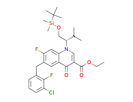 Molecular Structure of 697762-66-6 (1-((S)-1-tert-butyldiMethylsilyloxyMethyl-2-Methylpropyl)-6-(3-chloro-2-fluorobenzyl)-7-fluoro-4-oxo-1,4-dihydroquinoline-3-carboxylic acid ethyl ester)
