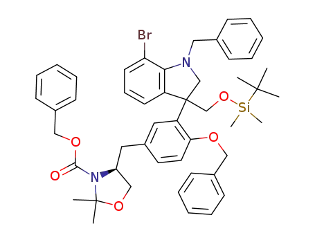 Molecular Structure of 570377-02-5 (3-Oxazolidinecarboxylic acid,
4-[[3-[(3R)-7-bromo-3-[[[(1,1-dimethylethyl)dimethylsilyl]oxy]methyl]-2,3-
dihydro-1-(phenylmethyl)-1H-indol-3-yl]-4-(phenylmethoxy)phenyl]methyl
]-2,2-dimethyl-, phenylmethyl ester, (4S)-)