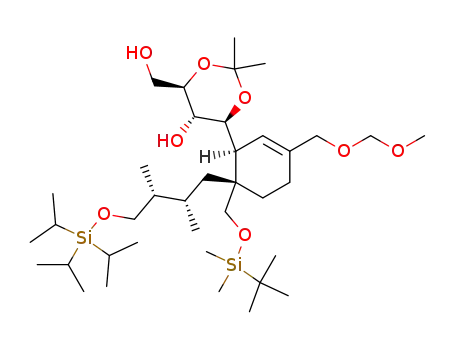 Molecular Structure of 834916-86-8 (1,3-Dioxane-4-methanol,
6-[(1S,6R)-6-[[[(1,1-dimethylethyl)dimethylsilyl]oxy]methyl]-6-[(2S,3R)-2,
3-dimethyl-4-[[tris(1-methylethyl)silyl]oxy]butyl]-3-[(methoxymethoxy)meth
yl]-2-cyclohexen-1-yl]-5-hydroxy-2,2-dimethyl-, (4R,5S,6S)-)