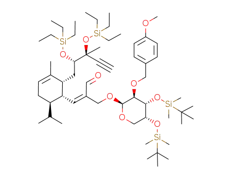 Molecular Structure of 201142-53-2 ((Z)-2-[(2R,3S,4S,5R)-4,5-Bis-(tert-butyl-dimethyl-silanyloxy)-3-(4-methoxy-benzyloxy)-tetrahydro-pyran-2-yloxymethyl]-3-[(1S,2R,6R)-6-isopropyl-3-methyl-2-((2S,3S)-3-methyl-2,3-bis-triethylsilanyloxy-pent-4-ynyl)-cyclohex-3-enyl]-propenal)