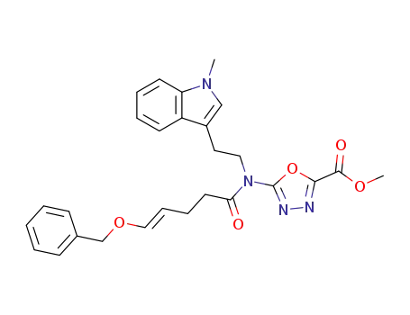 Molecular Structure of 473742-68-6 (methyl 5-{[(E)-5-(benzyloxy)pent-4-enoyl]-[2-(1-methyl-1H-indol-3-yl)ethyl]amino}-1,3,4-oxadiazole-2-carboxylate)