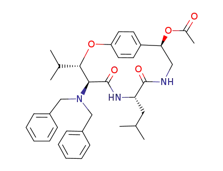 Molecular Structure of 221004-75-7 (Acetic acid (3S,4S,7S,11R)-4-dibenzylamino-7-isobutyl-3-isopropyl-5,8-dioxo-2-oxa-6,9-diaza-bicyclo[10.2.2]hexadeca-1<sup>(15)</sup>,12<sup>(16)</sup>,13-trien-11-yl ester)