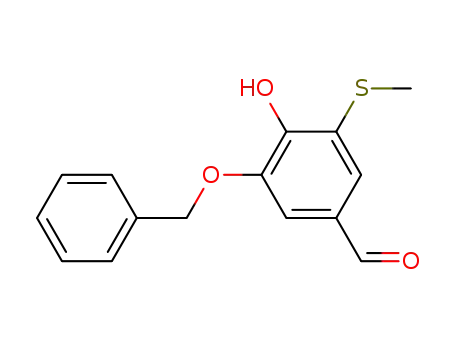 Molecular Structure of 133239-55-1 (Benzaldehyde, 4-hydroxy-3-(methylthio)-5-(phenylmethoxy)-)