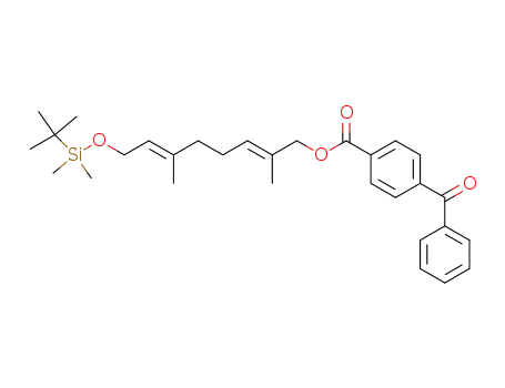 Molecular Structure of 618405-54-2 (4-Benzoyl-benzoic acid (2E,6E)-8-(tert-butyl-dimethyl-silanyloxy)-2,6-dimethyl-octa-2,6-dienyl ester)