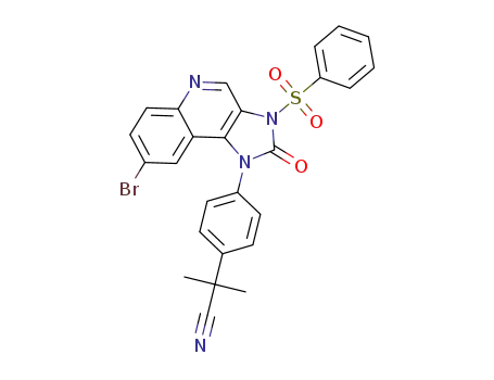Molecular Structure of 1260167-34-7 (2-(4-(8-bromo-2-oxo-3-(phenylsulfonyl)-2,3-dihydro-1H-imidazo[4,5-c]quinolin-1-yl)phenyl)-2-methylpropanenitrile)