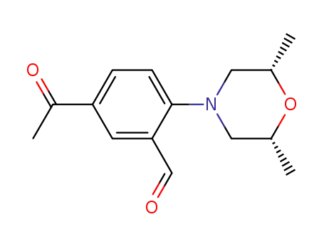 Molecular Structure of 679839-43-1 (Benzaldehyde, 5-acetyl-2-[(2R,6S)-2,6-dimethyl-4-morpholinyl]-, rel-)