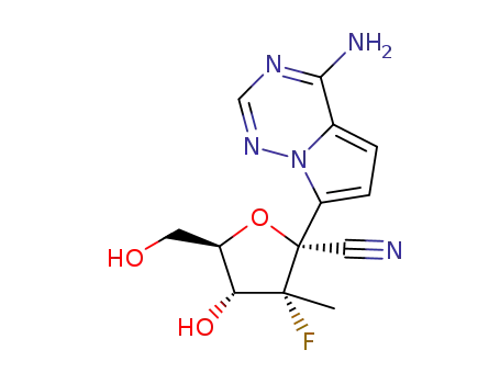 Molecular Structure of 1273029-08-5 ((2R,3R,4R,5R)-2-(4-aminopyrrolo[2,1-f][1,2,4]triazin-7-yl)-3-fluoro-4-hydroxy-5-(hydroxymethyl)-3-methyltetrahydrofuran-2-carbonitrile)